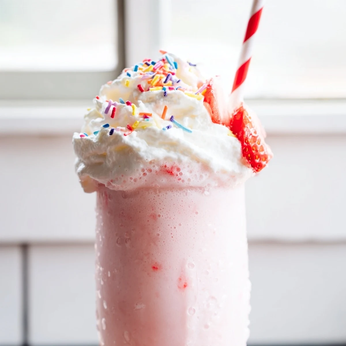 Creamy strawberry milkshake topped with whipped cream in a tall glass