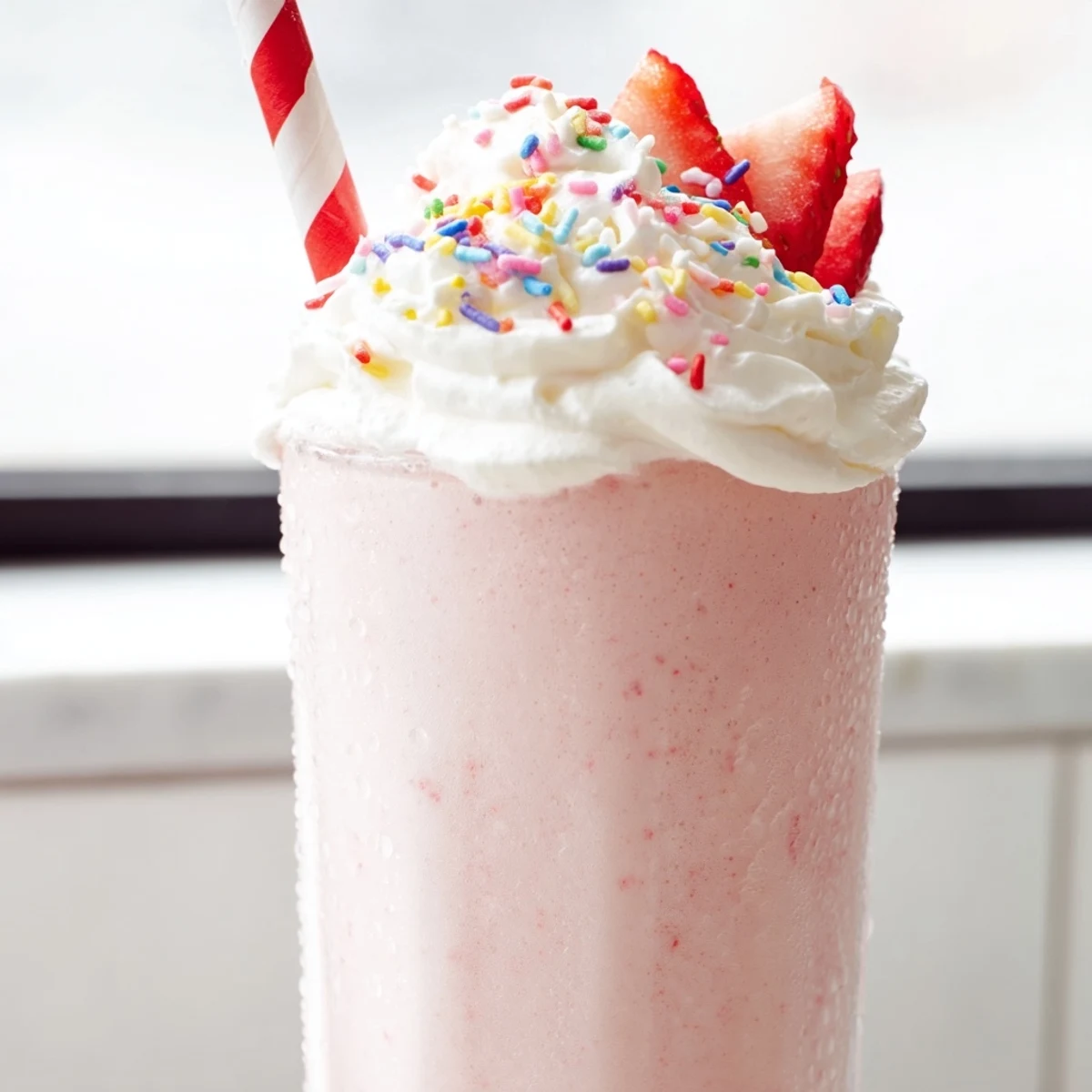 Frosted glass filled with a homemade strawberry milkshake and a swirl of whipped topping