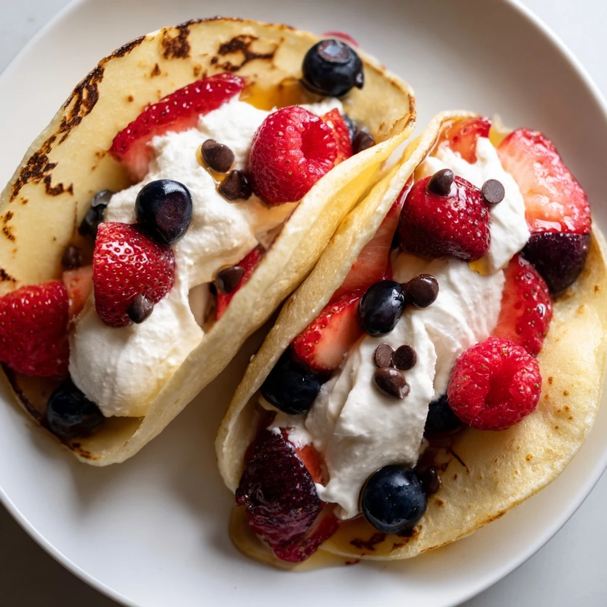 Fluffy pancake tacos folded with scrambled eggs, bacon, and melted cheddar cheese