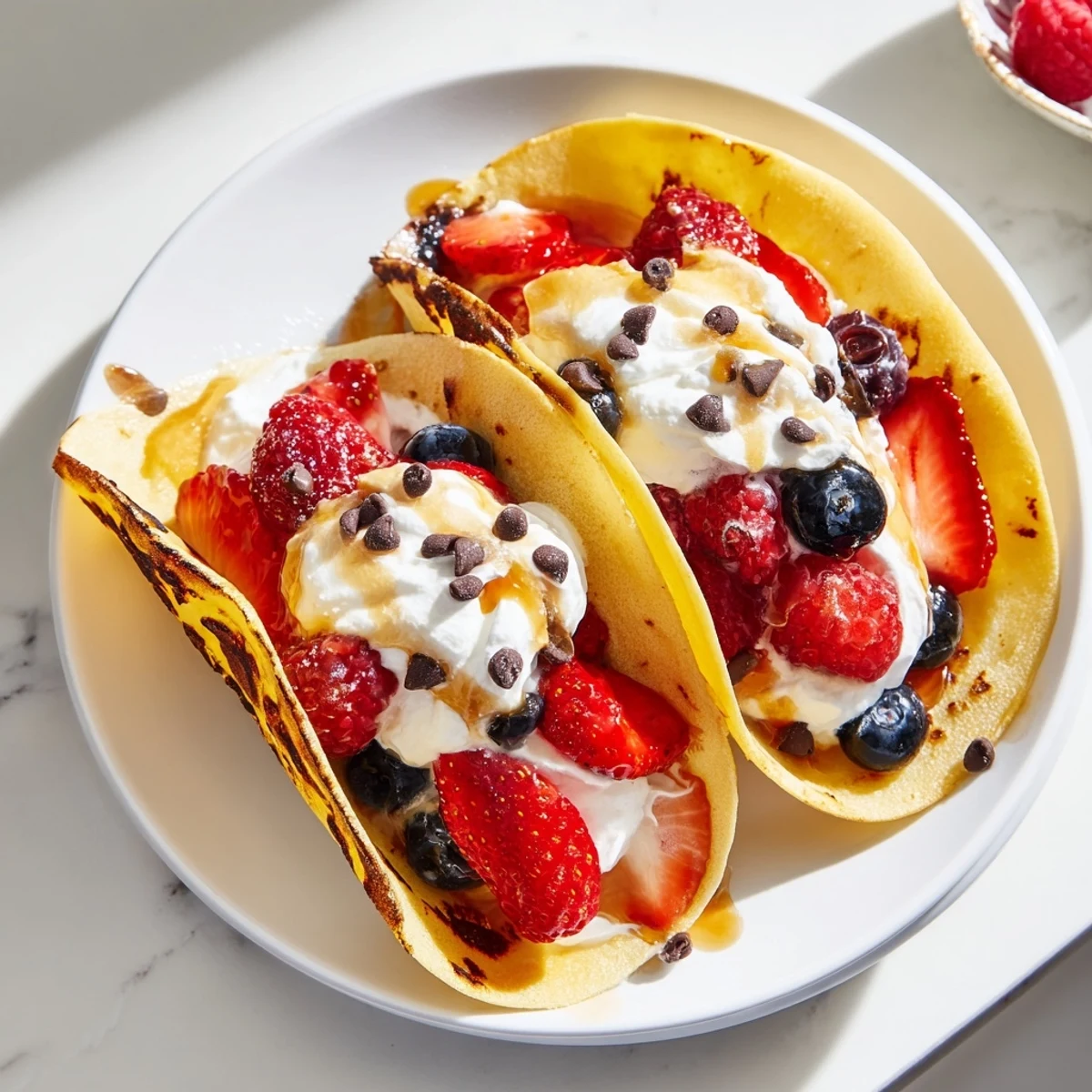 Golden pancake tacos stuffed with fresh berries and drizzled maple syrup on a plate