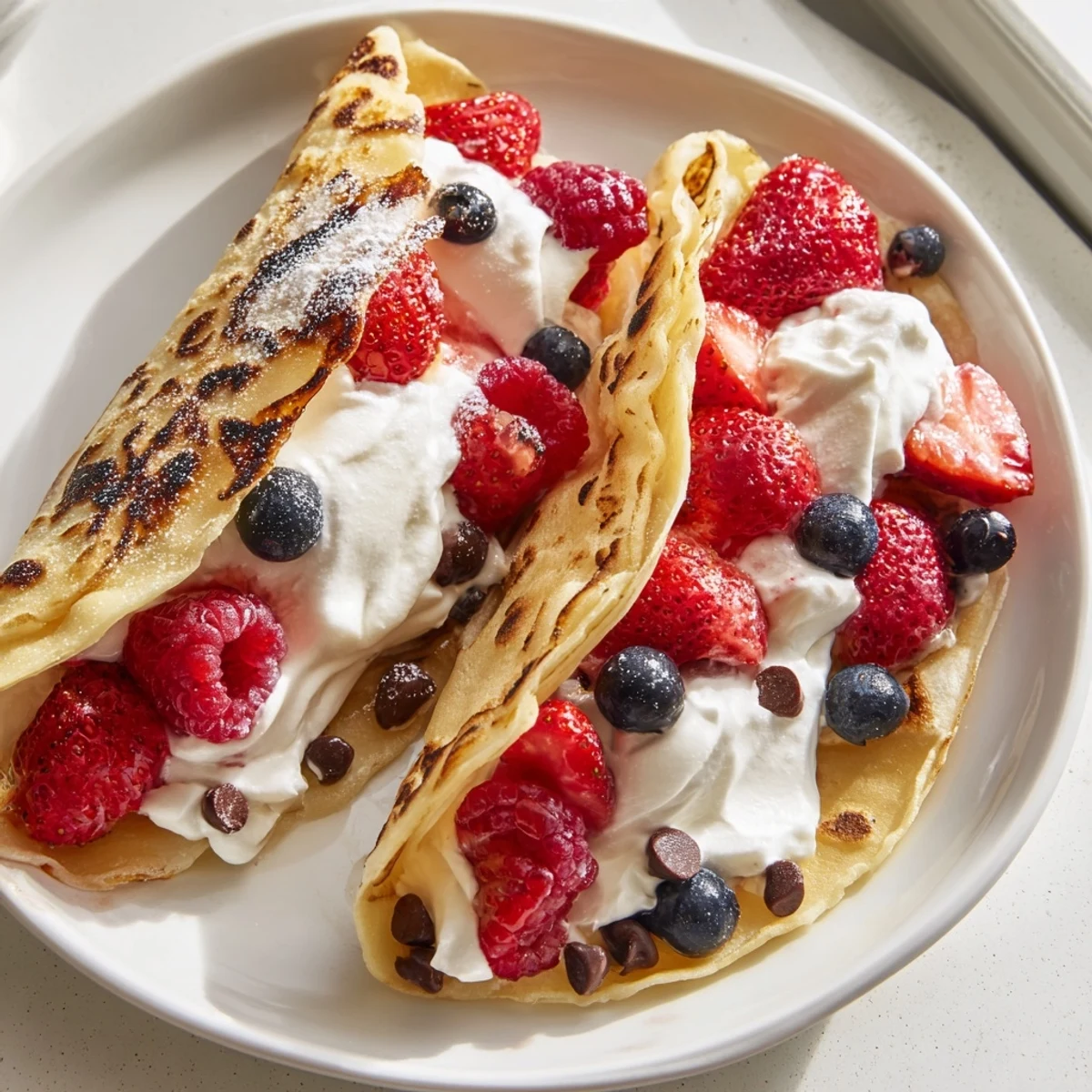 Warm pancake tacos arranged on a brunch platter overflowing with whipped cream and fruit