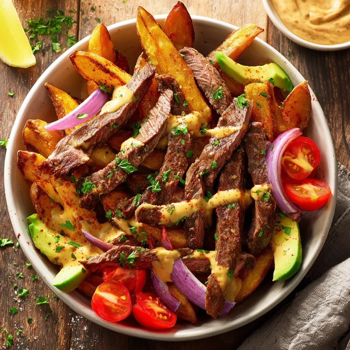 Crispy golden fries and tender steak strips drizzled with creamy sauce in a rustic bowl