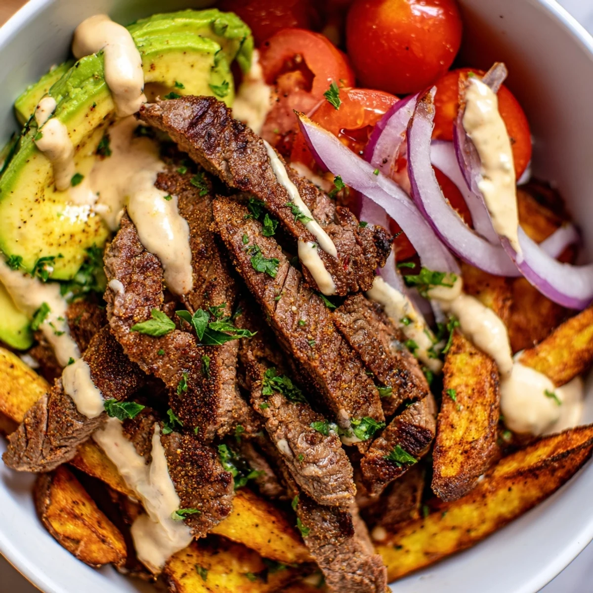 Juicy seared steak strips piled over smoky paprika fries with fresh avocado and tomatoes