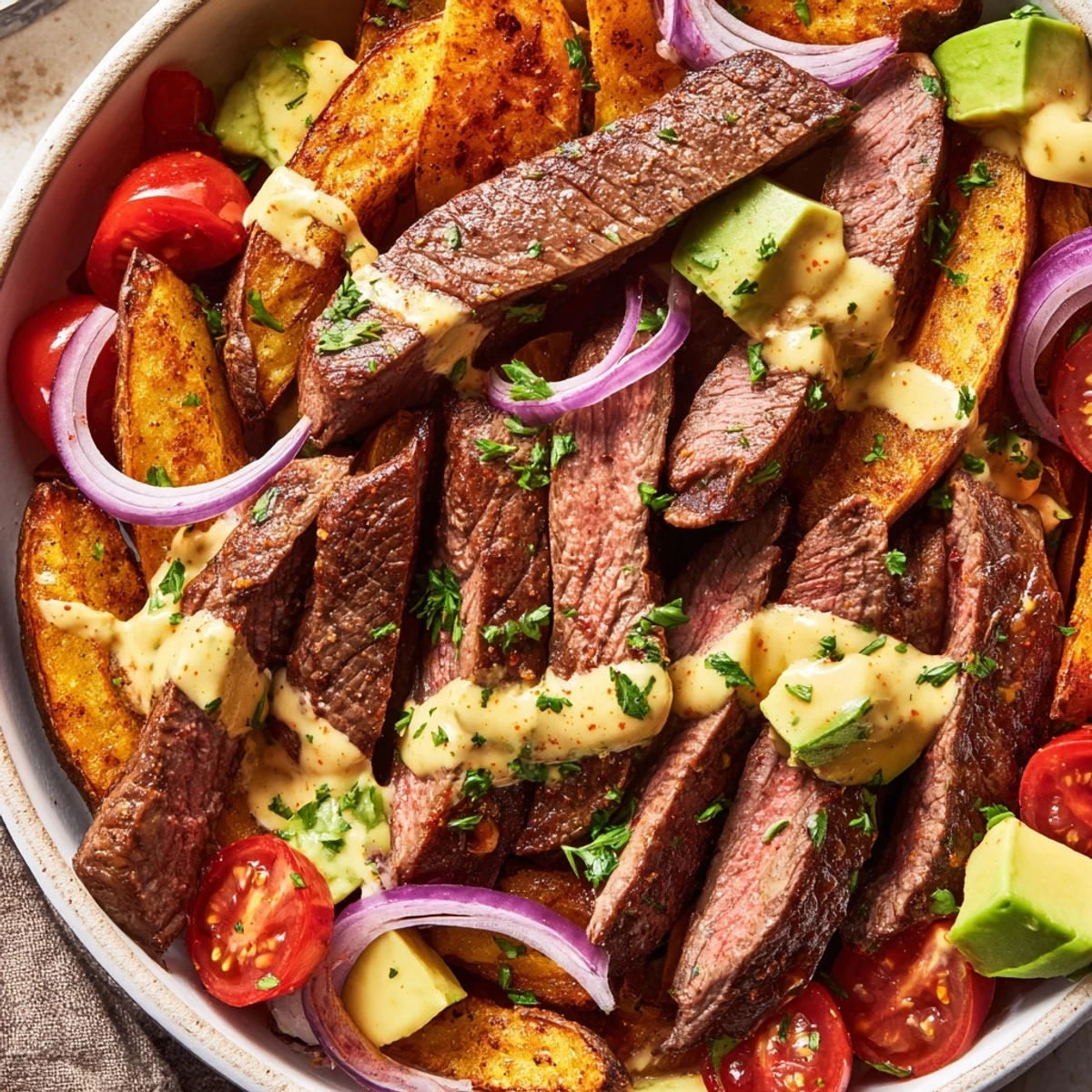Hearty steak strips and crispy fries bowl topped with vibrant parsley and tangy mustard sauce