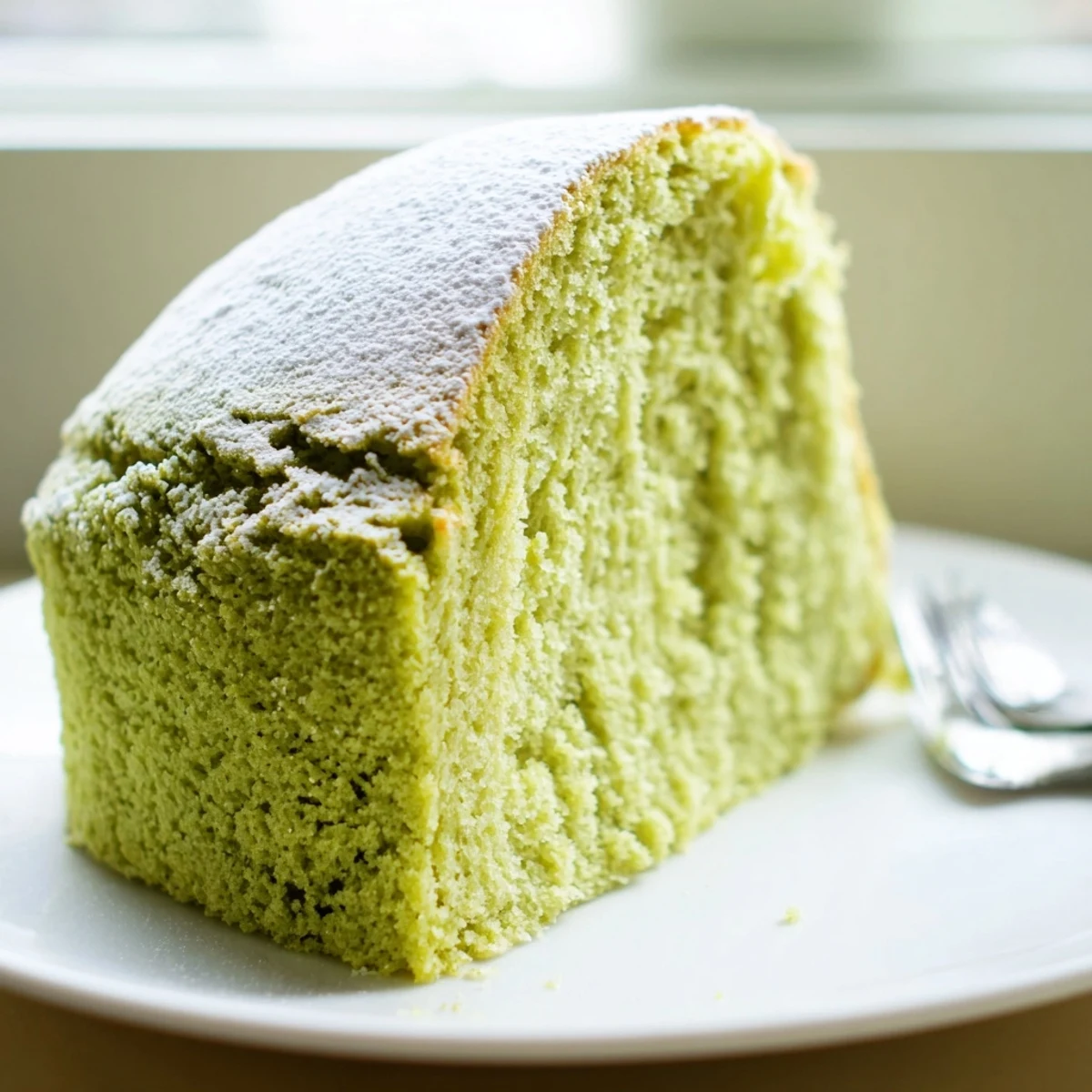 Fluffy matcha cake crowned with a snowy layer of sweet matcha dusted glaze