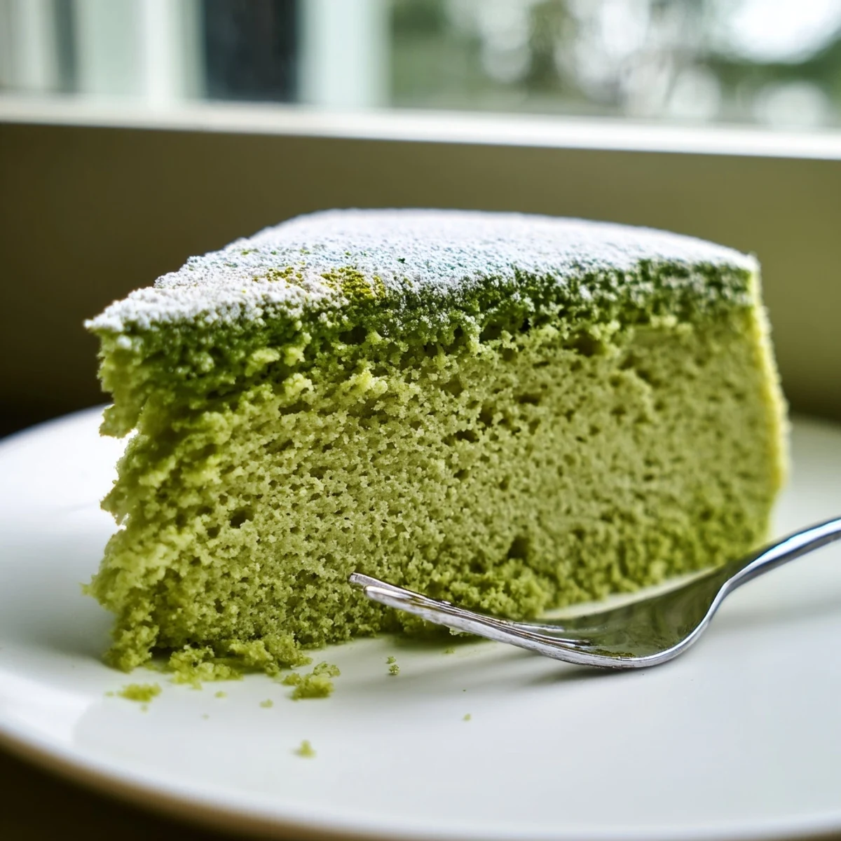 A slice of moist matcha cake with vibrant green crumb dusted in powdered sugar