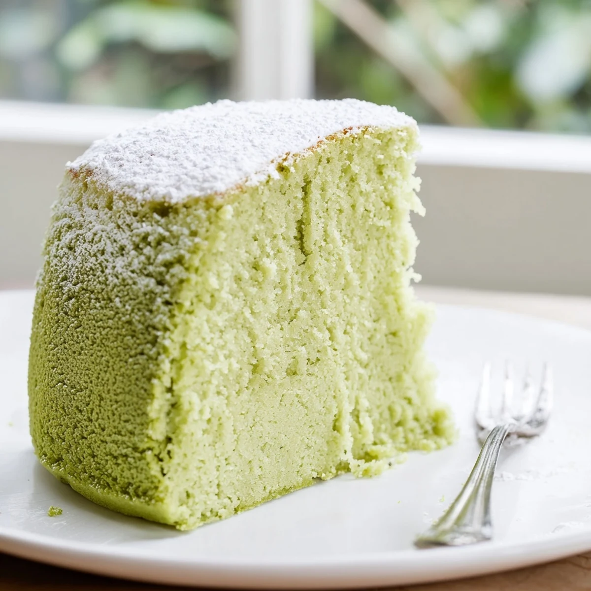 Homemade matcha cake served on a white plate beside a steaming cup of tea