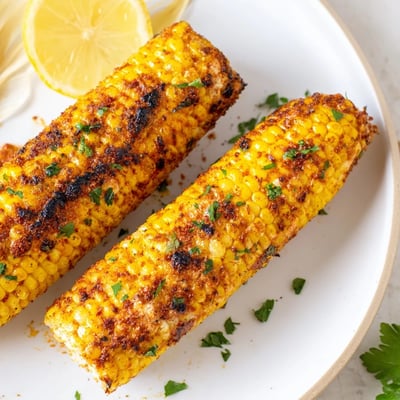 Juicy grilled Corn on the Cob with Cajun Spices on a platter, garnished with parsley, bold Southern flavors perfect for barbecues.