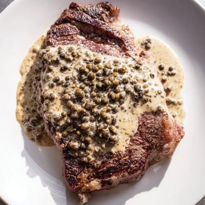 Golden-brown steak slices are topped with a rich green peppercorn sauce, accompanied by crisp green beans on a ceramic plate.