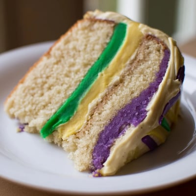 A slice of moist vanilla Mardi Gras cake reveals tricolor icing layers, served on a plate for a sweet festive treat.