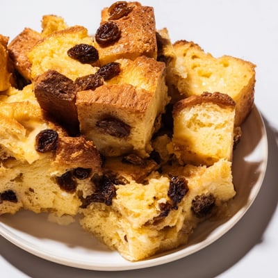 Warm slices of Bread Pudding with Raisins served in a rustic dish, highlighting the soft, custard-soaked texture.
