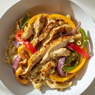 Vibrant bell peppers and seasoned chicken tossed in rich sauce for Cajun Chicken Pasta with Peppers.