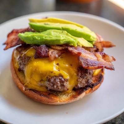 Cross-section of a Beef Burger with Avocado and Bacon revealing juicy beef patty, creamy avocado, and fresh toppings.