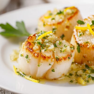 Tender Lemon Garlic Scallops sizzling in a skillet, garnished with fresh parsley and lemon zest.