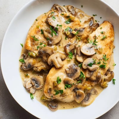 Tender chicken and savory mushrooms in a velvety cream sauce, ready for a weeknight dinner.