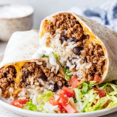 Hearty Beef Burrito with Beans and Rice served with fresh lettuce, diced tomatoes, and a dollop of sour cream.