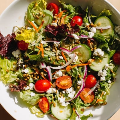 Spring Mix Salad with Vinaigrette drizzled over tender greens, featuring shredded carrots and red onion slices ready for a light lunch.