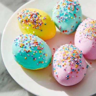 Stand of finished Easter Egg Cake Pops with candy coating, ready to serve at a cheerful spring party.
