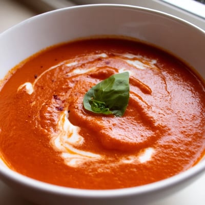 Smoky fire roasted tomato soup steaming in a rustic ceramic bowl