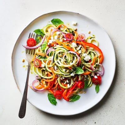 Spiralized zucchini noodles tossed with crisp vegetables in tangy citrus dressing for summer lunch
