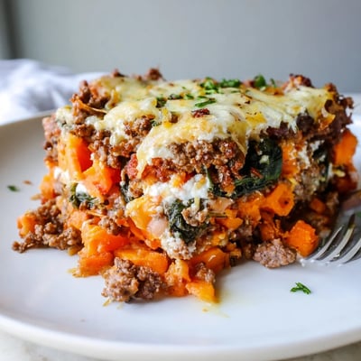 Hearty Cottage Cheese Ground Beef And Sweet Potato Casserole served warm with parsley  