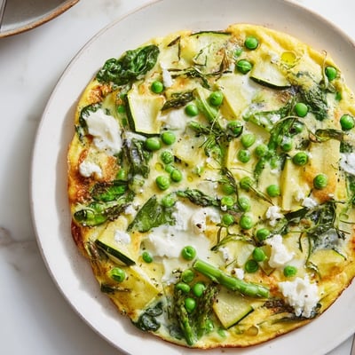 Warm Spring Vegetable Frittata With Goat Cheese served in skillet, creamy, fluffy center