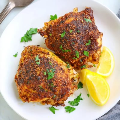 Juicy oven baked chicken thighs garnished with parsley and lemon wedges