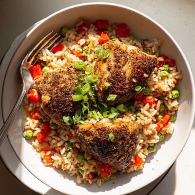 Golden seared chicken thighs nestled in coconut-infused spicy jerk chicken rice with peas