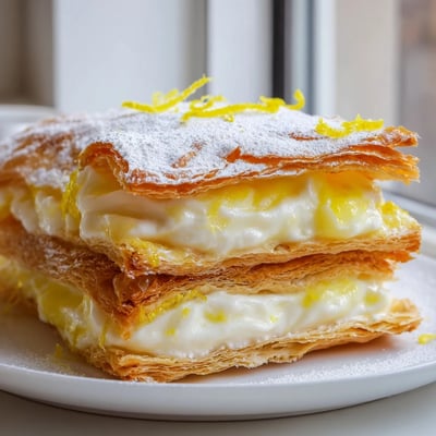 Crispy lemon ricotta puff pastry mille feuille sliced to reveal creamy citrus filling
