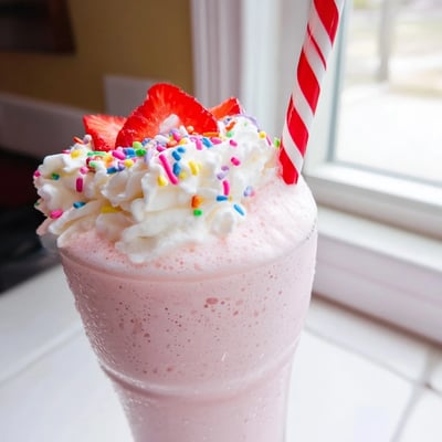 Thick pink strawberry milkshake garnished with fresh berries and a straw